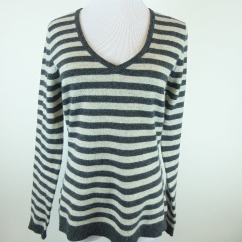 F & F gray stripe 100% CASHMERE SWEATER 14 L